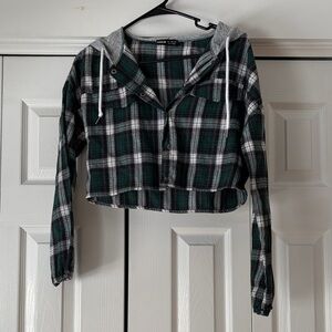 SHEIN Green Plaid Crop Top with Gray Hood